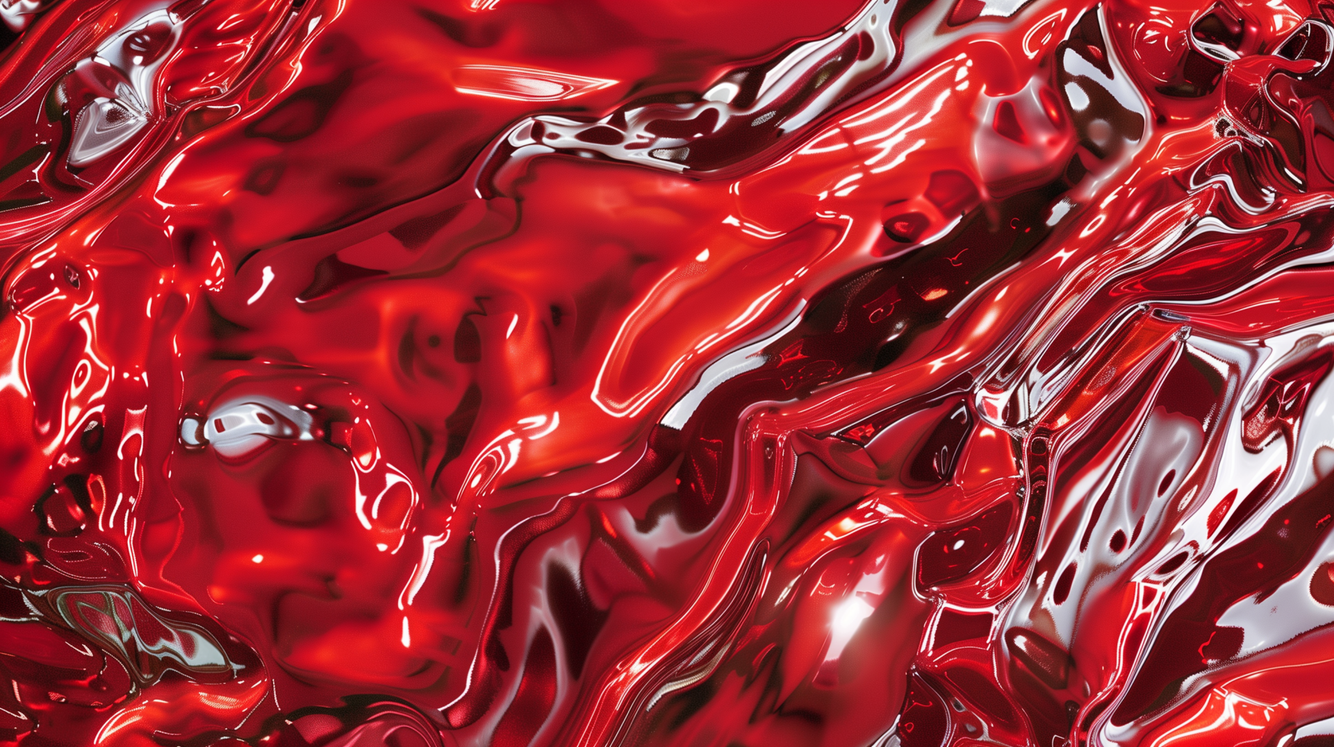 Abstract HD desktop wallpaper featuring a fluid, glossy red texture with dynamic waves and reflections, creating a vibrant red aesthetic.