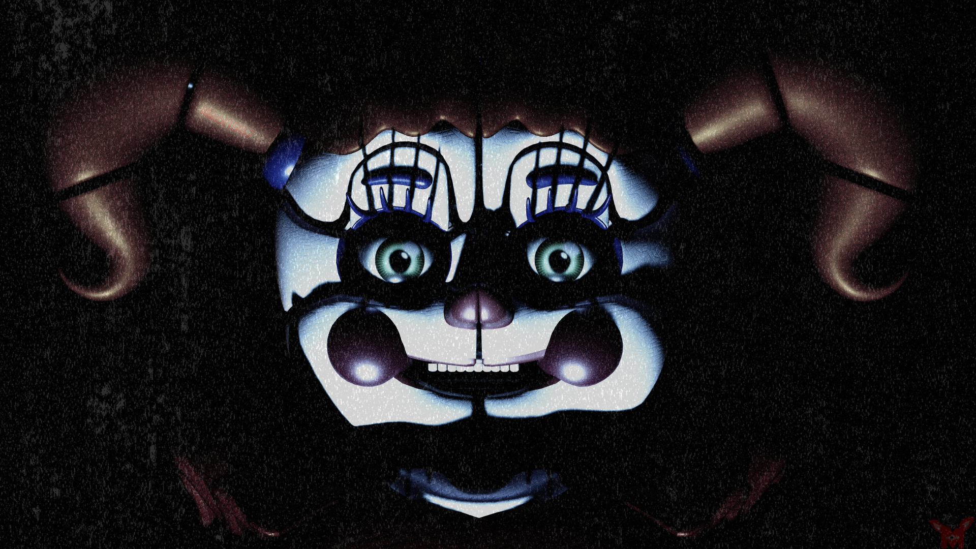 Close-up of a creepy animatronic character from Five Nights at Freddy's: Sister Location, shown in high detail as an 8K Ultra HD PC desktop wallpaper.