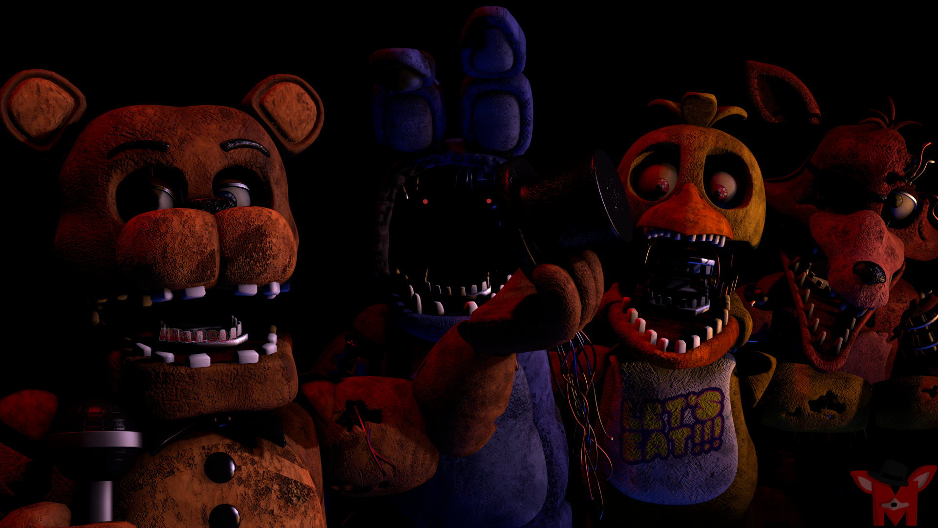 4K Ultra HD desktop wallpaper featuring animatronic characters from Five Nights at Freddy's and Five Nights At Freddy's 2, set against a dark background.
