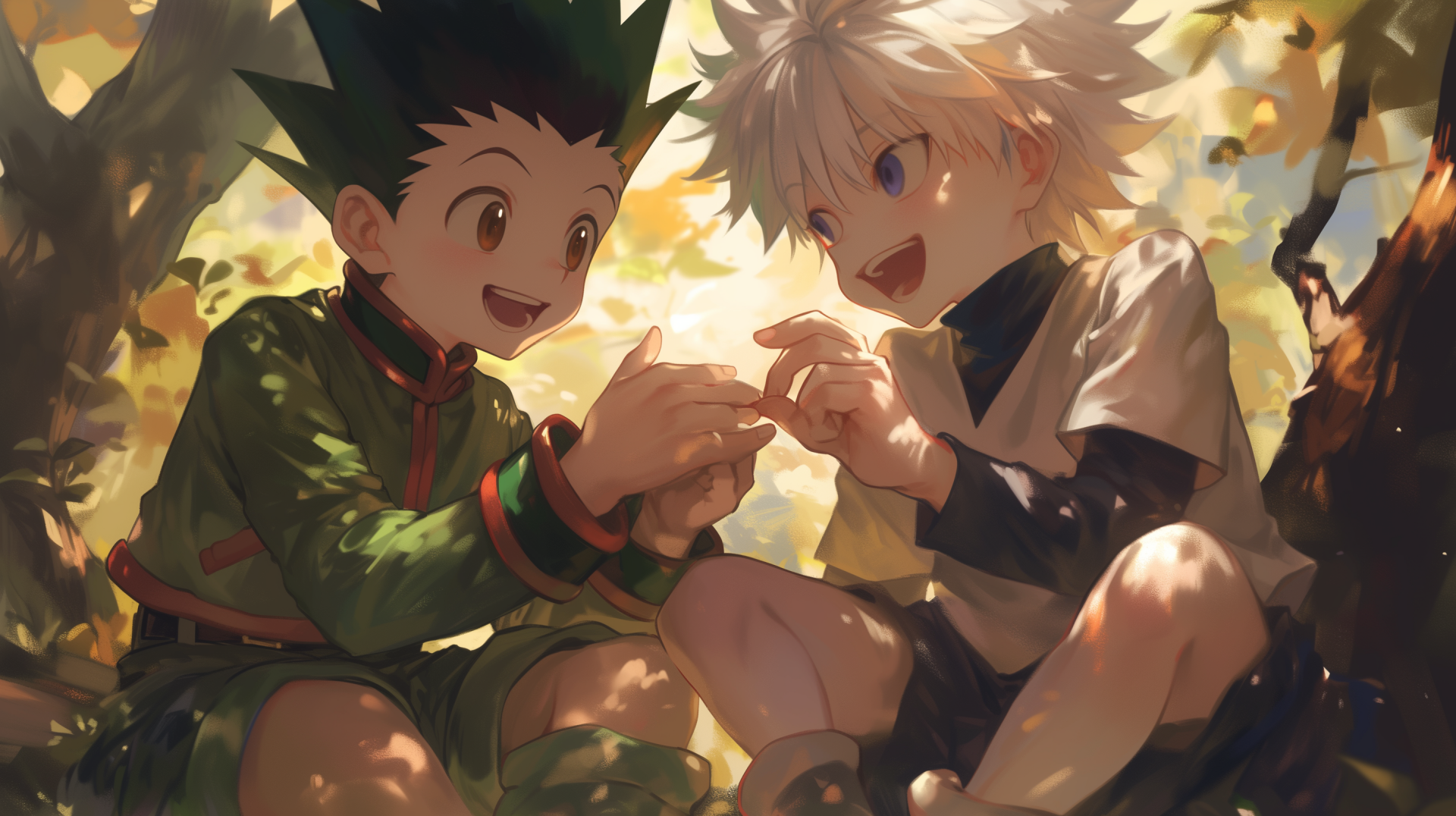 HD desktop wallpaper featuring Gon Freecss and Killua Zoldyck from Hunter x Hunter, sitting together with a joyful expression surrounded by a warm, sunlit backdrop.