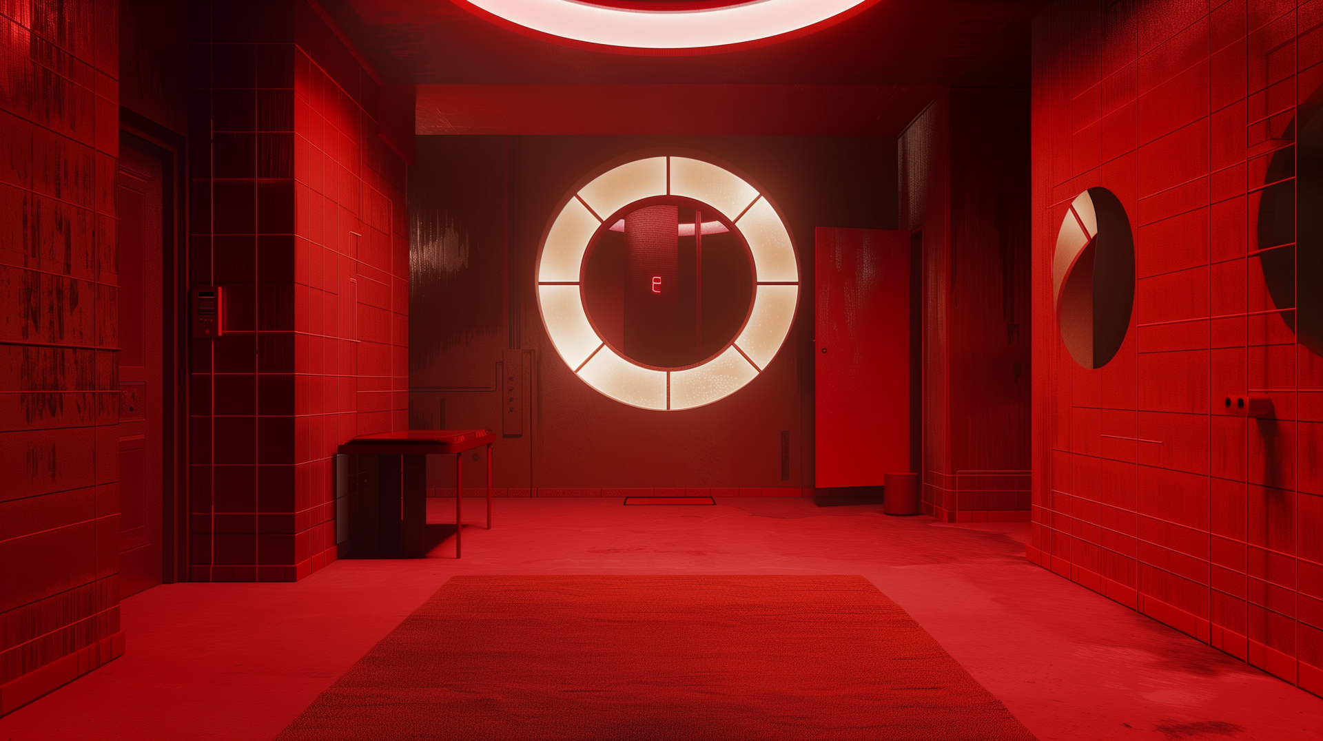A high-definition desktop wallpaper of a room interior bathed in a red aesthetic, featuring a circular light fixture on the far wall casting a warm glow, with minimalist decor and tiled walls.