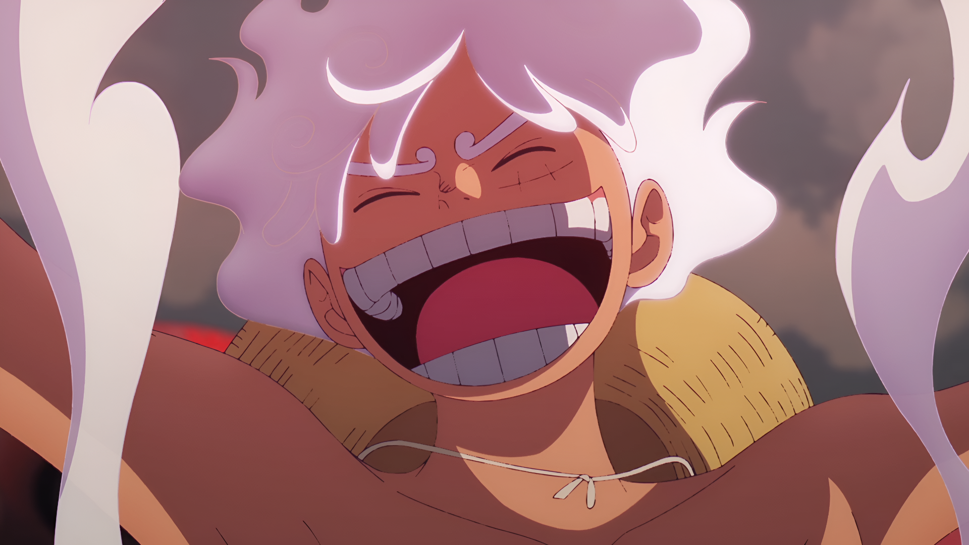 Anime-style 4K Ultra HD wallpaper of Monkey D. Luffy in Gear 5 form from One Piece, showcasing his vibrant expression and dynamic energy.