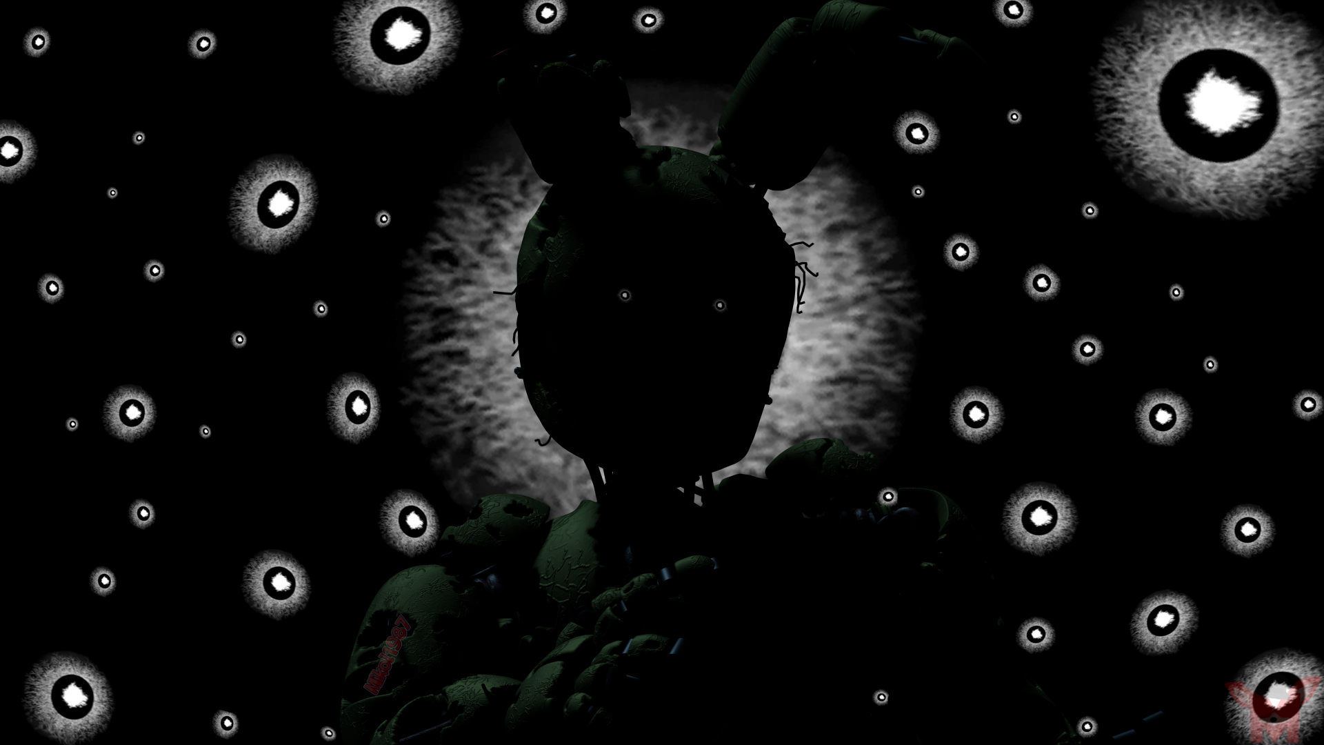 Dark silhouette of a creepy animatronic from Five Nights at Freddy's 3 surrounded by eerie glowing eyes, presented as an 8K Ultra HD PC desktop wallpaper.