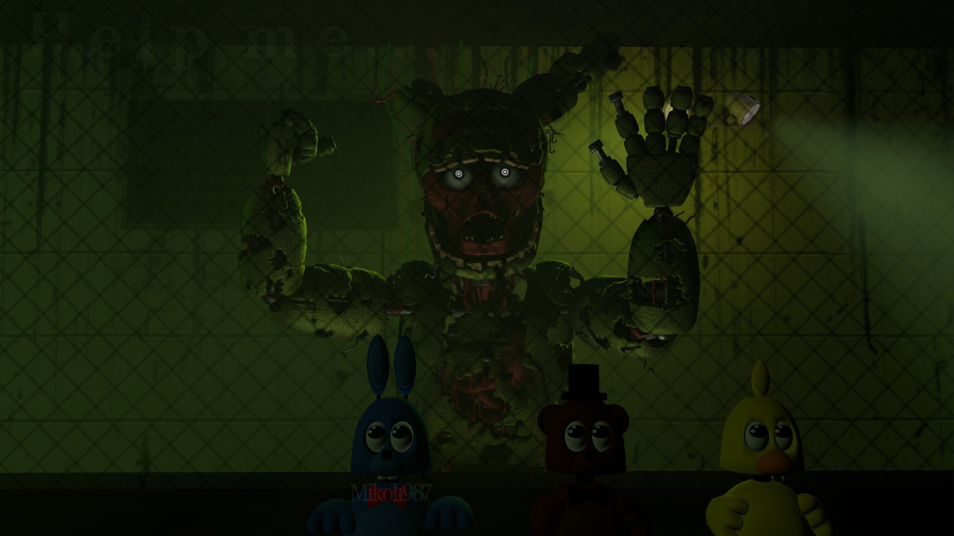 HD PC desktop wallpaper featuring animatronic characters from Five Nights at Freddy's and Five Nights at Freddy's 3 in a dark, eerie setting.