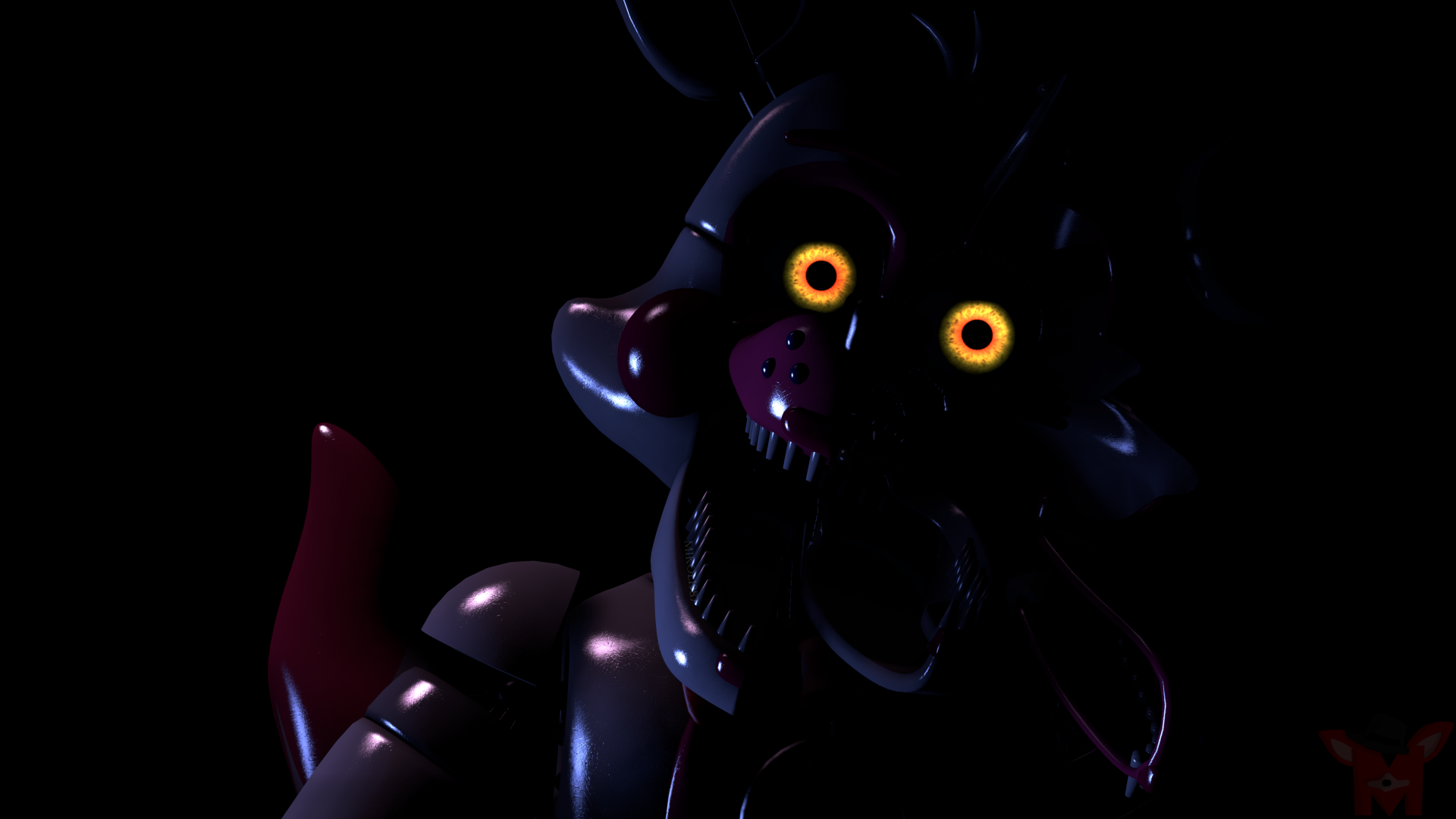 Dark, eerie close-up of an animatronic with glowing yellow eyes from Five Nights at Freddy's: Sister Location, featured in a 4K Ultra HD PC desktop wallpaper.