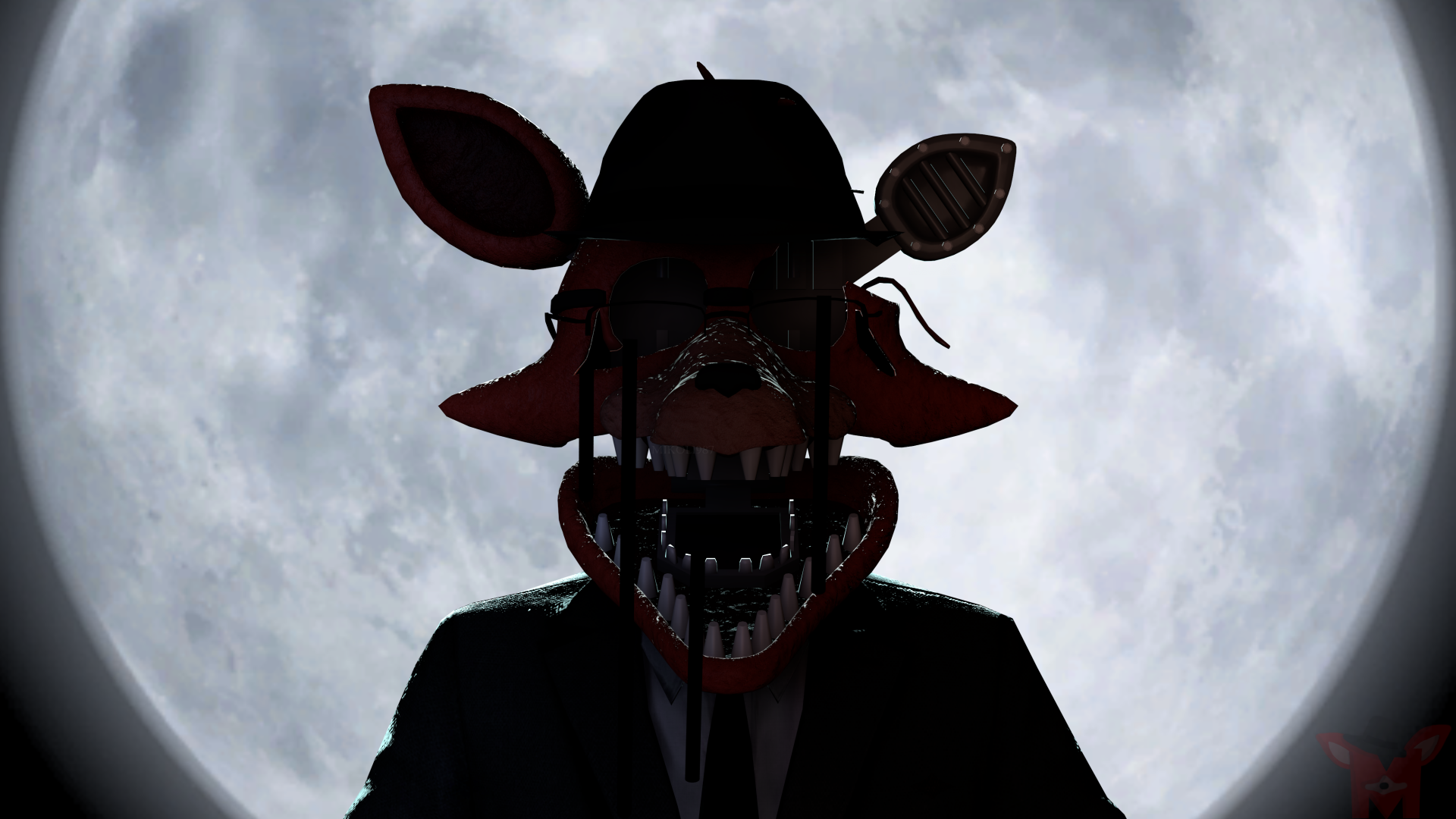 Dark silhouette of an animatronic from Five Nights at Freddy's 2 stands against a bright full moon in this 4K Ultra HD PC desktop wallpaper.