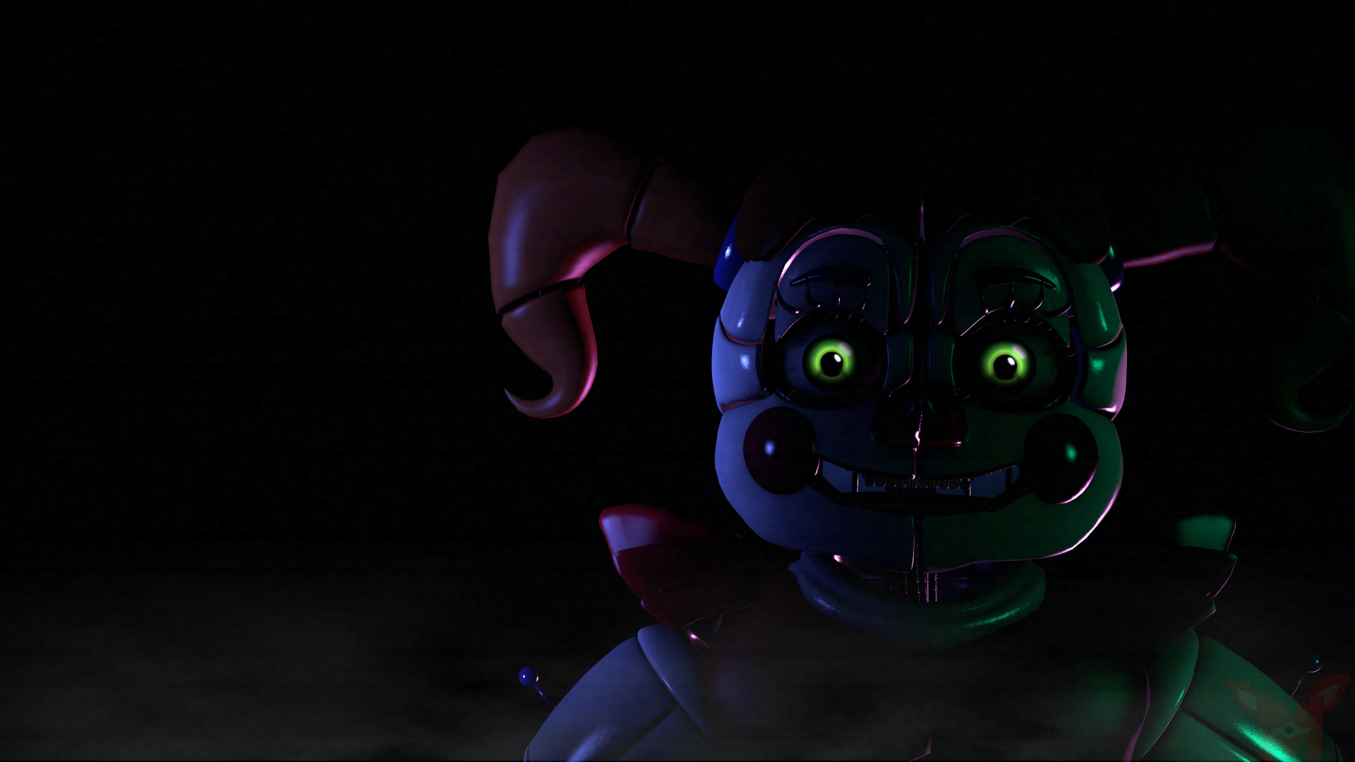 4K Ultra HD PC wallpaper featuring a dark, eerie animatronic from Five Nights at Freddy's: Sister Location with glowing green eyes against a black background.