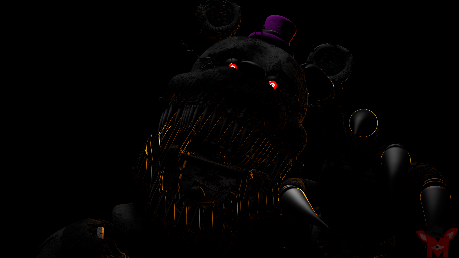 Dark, menacing animatronic with glowing red eyes from Five Nights at Freddy's 4, showcased in a detailed 4K Ultra HD PC desktop wallpaper.