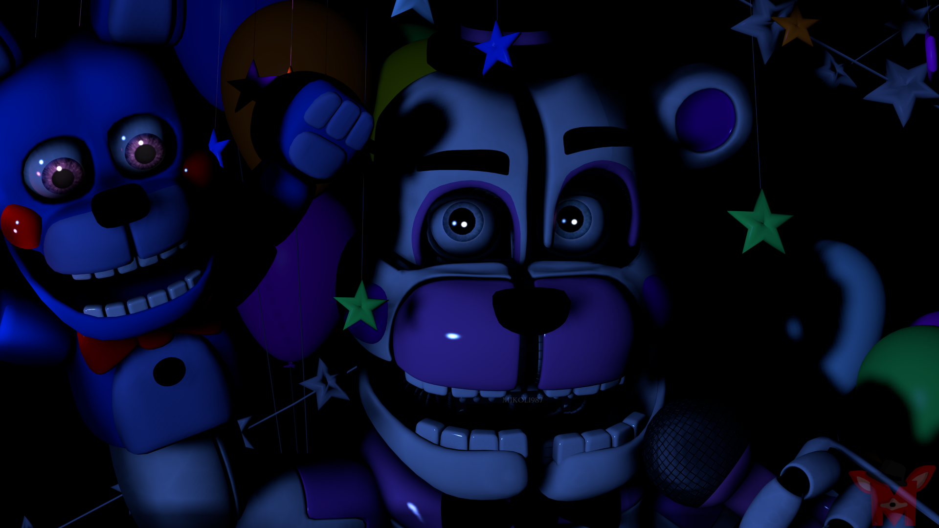 4K Ultra HD desktop wallpaper featuring animatronic characters from Five Nights at Freddy’s: Sister Location in a dark, eerie setting.