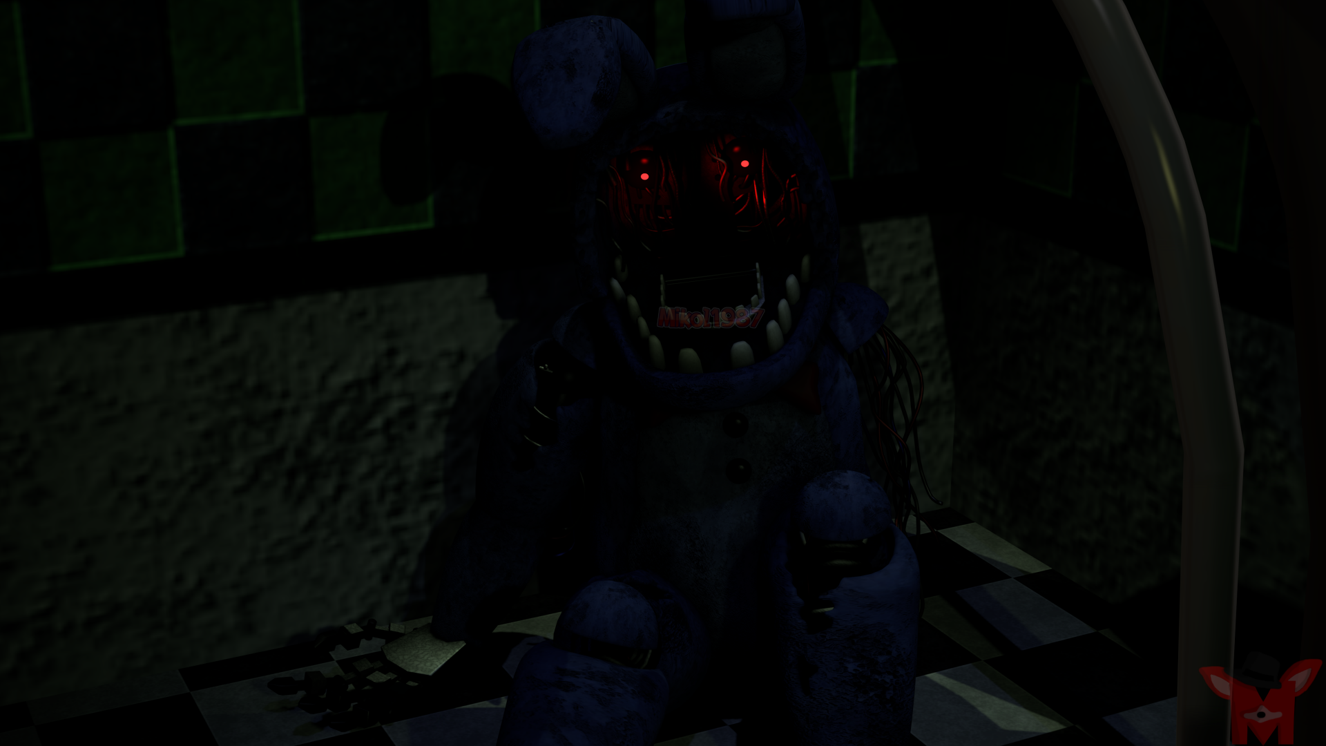 Dark damaged animatronic with glowing red eyes and gaping jaw in a grim checkered room — Five Nights at Freddy's 2, Five Nights at Freddy's 4K Ultra HD PC desktop wallpaper.
