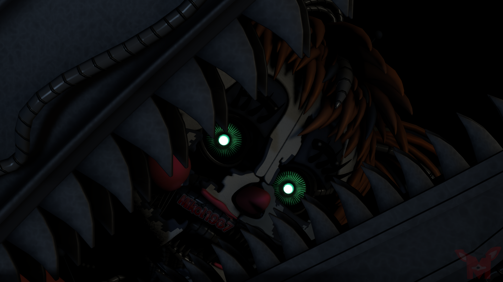 4K Ultra HD PC wallpaper from Five Nights at Freddy's: Freddy Fazbear's Pizzeria Simulator — close-up of a damaged animatronic clown with glowing green eyes peering through jagged teeth.