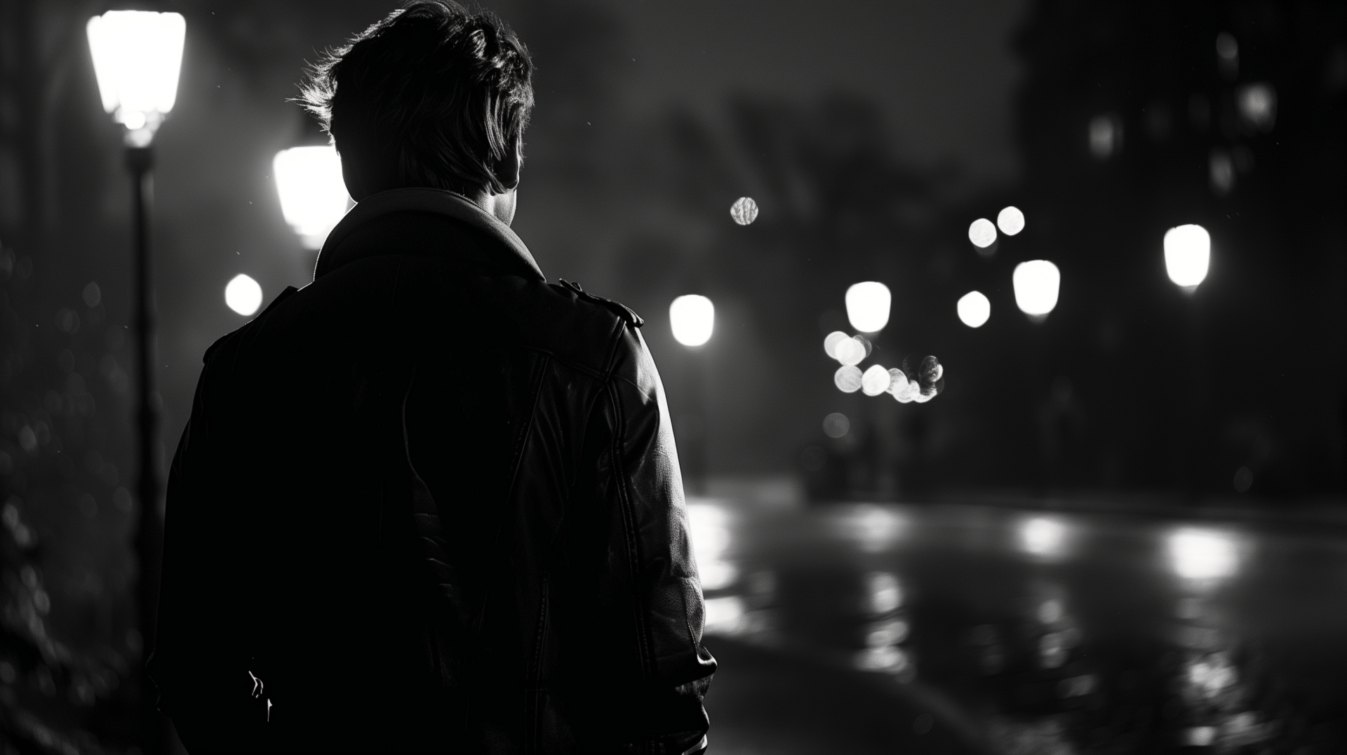 A man in a jacket standing in the night with streetlights in the background, portrayed in a high-definition black and white image, suitable as a desktop wallpaper.