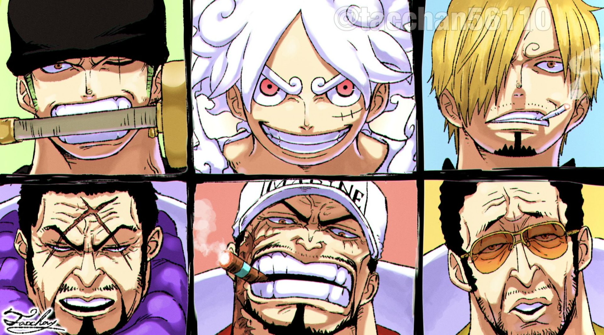 HD PC desktop wallpaper featuring close-up portraits of six One Piece anime characters with varied expressions and distinct hairstyles.