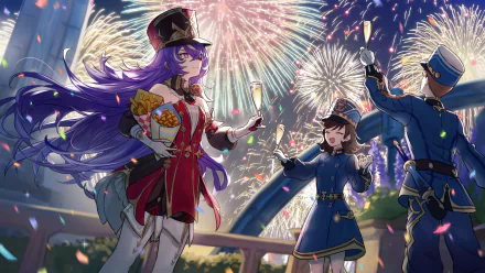 Genshin Impact character Chevreuse enjoying fireworks, HD desktop wallpaper and background.