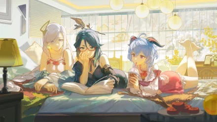 4K Ultra HD PC wallpaper featuring Genshin Impact characters Xinyan, Ganyu, and Shenhe relaxing together in a sunlit, cozy room.