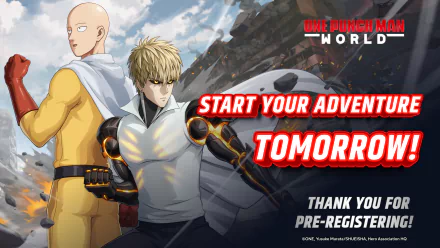 HD wallpaper featuring One Punch Man World video game characters with a promotional message thanking viewers for pre-registering, inviting them to start their adventure tomorrow.