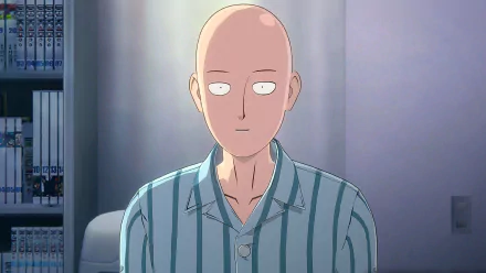 HD wallpaper of Saitama from One Punch Man World, poised with a serious expression for a video game-inspired desktop background.
