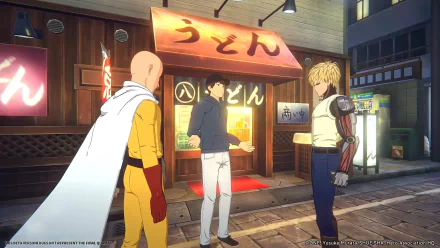 HD desktop wallpaper featuring characters from One Punch Man video game standing in front of a shop in the game world.