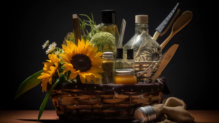 Elegant gift basket with sunflowers and assorted gourmet items as a HD desktop wallpaper background.