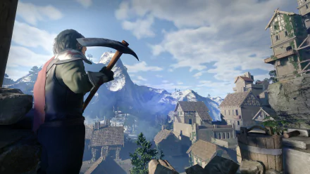 Video game character overlooking a medieval village with mountains in the distance - HD desktop wallpaper from 'Enshrouded' video game.