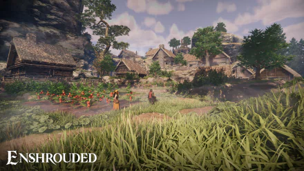 HD desktop wallpaper featuring a rustic village scene from the video game Enshrouded with characters and lush greenery.