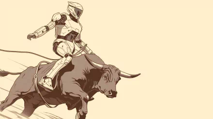 A dynamic illustration of a robot riding a bull, capturing the thrill of a rodeo scene. This HD desktop wallpaper combines futuristic elements with classic Western imagery.