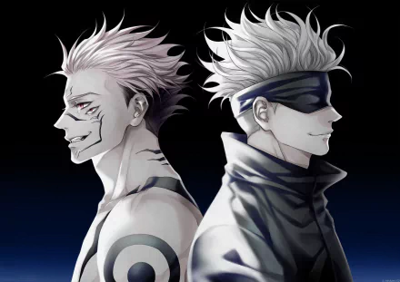 A dynamic HD wallpaper featuring Satoru Gojo and Sukuna from Jujutsu Kaisen, showcasing their striking contrasts and fierce expressions in an epic standoff.