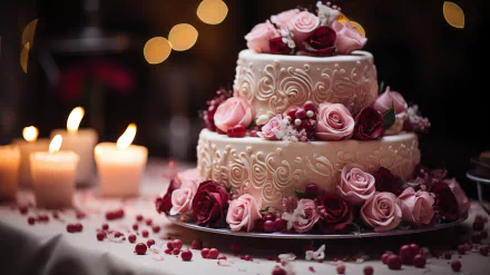 Elegant three-tiered wedding cake with intricate icing designs, adorned with pink and red roses, as a high-definition desktop wallpaper surrounded by romantic candlelight.