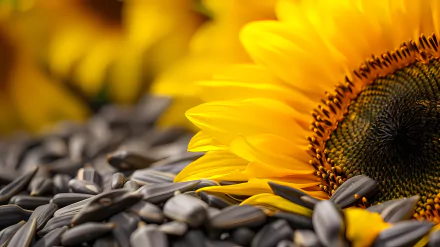 A vibrant macro shot of a sunflower in full bloom, surrounded by scattered sunflower seeds. This eye-catching image makes an appealing HD desktop wallpaper or background.
