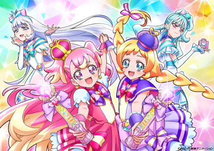 Vibrant HD desktop wallpaper featuring characters from Wonderful PreCure!, showcasing energetic poses and colorful outfits against a sparkling background.