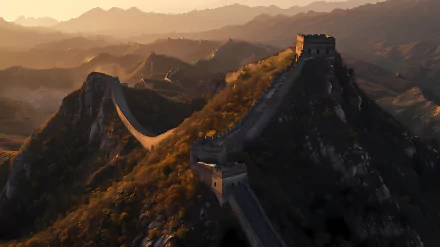 A breathtaking view of the Great Wall of China at sunrise, shrouded in morning mist and illuminated by soft sunlight, showcasing the stunning beauty of nature.