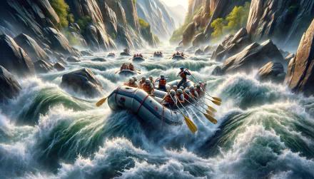 A dynamic rafting scene showcases a group navigating through roaring rapids, surrounded by towering cliffs and lush greenery, captured in stunning HD for an adventurous wallpaper.