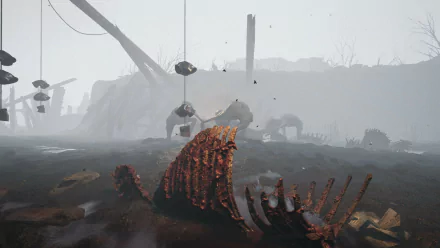 Ad Infinitum video game eerie battlefield HD wallpaper with skeletal remains and hanging mines in a foggy environment.