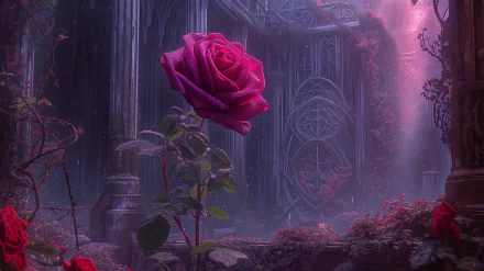 HD desktop wallpaper featuring a vivid red rose with an enchanted appearance set against a mystical nature backdrop.