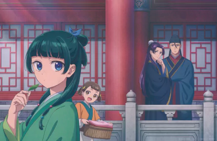 Anime-style 4K Ultra HD wallpaper featuring Maomao from The Apothecary Diaries in traditional attire with a detailed palace background and other characters.