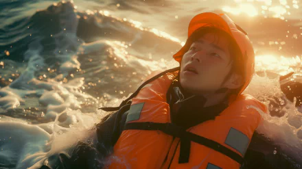 Person wearing a life jacket floating in water against sunlit waves, HD desktop wallpaper and background