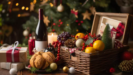 Festive holiday gift basket with wine, fruits, and Christmas decorations as a desktop wallpaper and background.