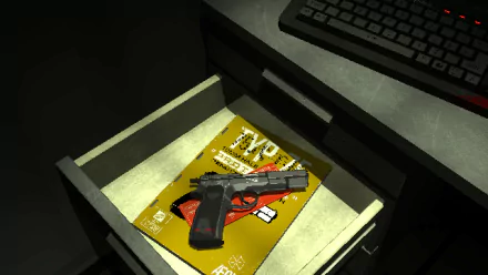 HD desktop wallpaper from the video game SIGNALIS showing a gun and a manual inside a drawer.