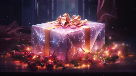 A beautifully wrapped gift adorned with a golden bow, surrounded by glowing lights and evergreen accents, creating a magical atmosphere in this HD desktop wallpaper.