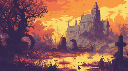 Pixel art HD wallpaper depicting a medieval cemetery and church in an orange-hued twilight setting.
