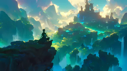 Stunning HD anime landscape wallpaper featuring a mysterious character overlooking a breathtaking magical kingdom amid a sea of clouds.