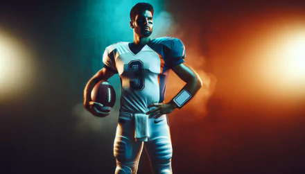 A confident quarterback poses with a football, showcasing a dynamic look against a vibrant backdrop. This high-definition image serves as an engaging desktop wallpaper.