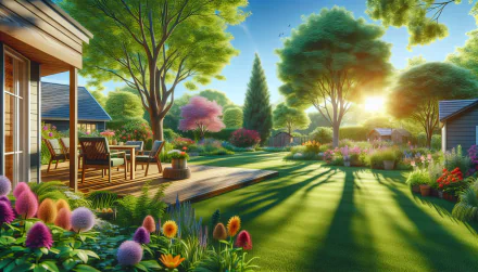 A vibrant backyard scene featuring lush greenery, colorful flowers, and a wooden deck bathed in warm sunlight, creating a serene and inviting atmosphere for HD wallpaper use.