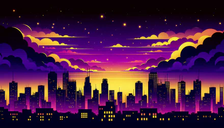A vibrant night view of a city skyline, featuring striking purple and yellow hues in the sky, accented by clouds and stars. This HD desktop wallpaper adds a stunning backdrop to any screen.