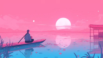 Serene pink aesthetic HD desktop wallpaper featuring a tranquil scene with a person on a boat gazing at a large moon reflection on the water.