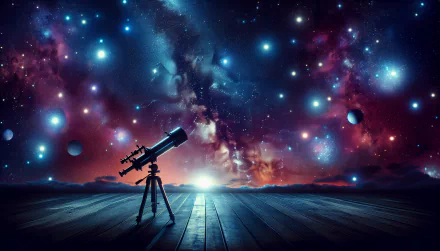 A stunning HD desktop wallpaper featuring a telescope against a vibrant cosmic backdrop, filled with stars, galaxies, and planets, inviting stargazing adventures.