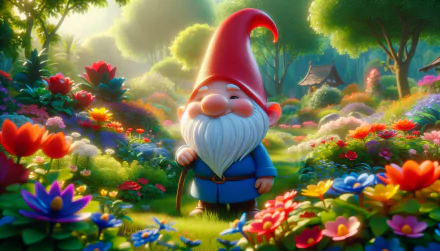 A cheerful garden gnome stands amidst vibrant flowers in a lush, sunlit garden, creating an enchanting HD desktop wallpaper and background.