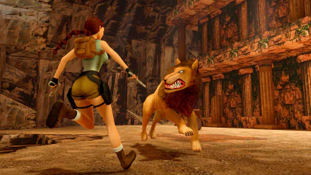 HD wallpaper of a remastered scene from Tomb Raider with the protagonist confronting a snarling lion in an ancient ruin environment.