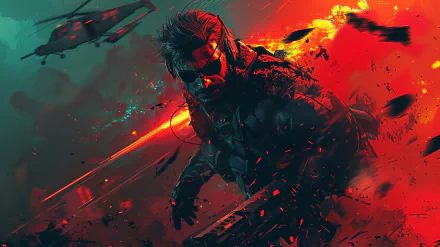 A dynamic HD wallpaper featuring fan art of a character from Metal Gear, showcasing intense action with vivid colors and dramatic lighting effects.