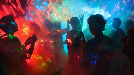 A vibrant party scene filled with dancing figures, surrounded by colorful lights in a rave atmosphere. This dynamic HD wallpaper captures the energy and excitement of a night out.